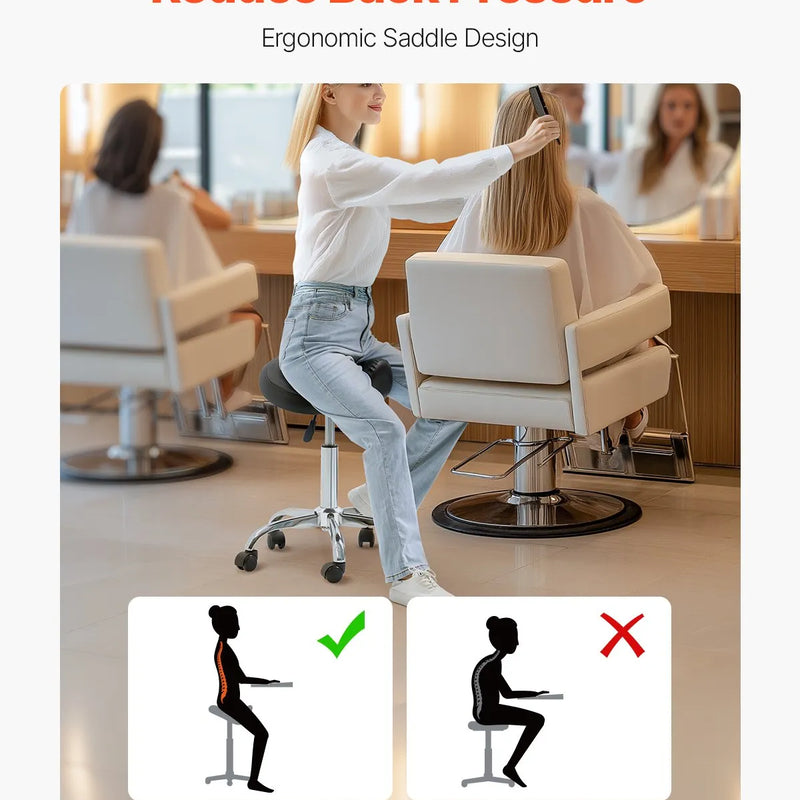 VEVOR ergonomiska seglu taburete ar riteņiem, regulējamu augstumu, biezu PU ādas sēdekli un 204 kg slodzi, salonam, spa, masāžai, tetovēšanai un klīnikai, melna