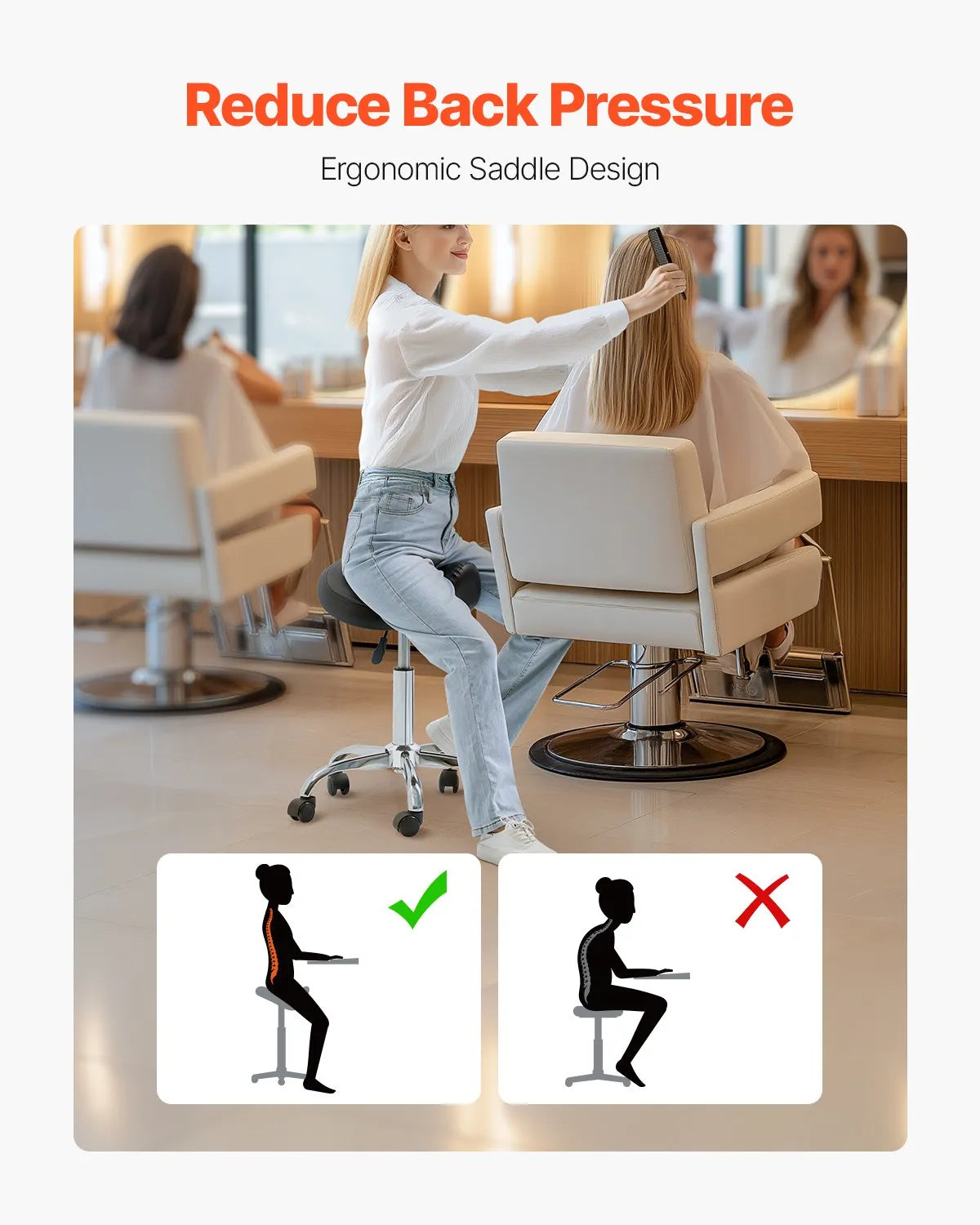 VEVOR Ergonomic Saddle Stool with Wheels, Adjustable Height, PU Leather Seat, 204 kg Load Capacity, Black