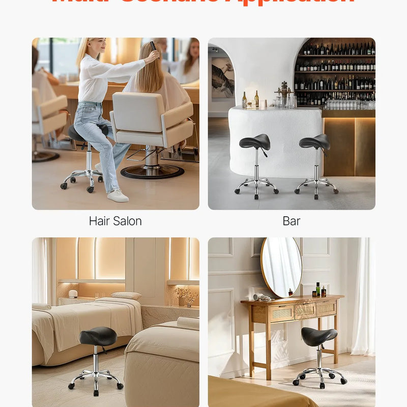 VEVOR ergonomiska seglu taburete ar riteņiem, regulējamu augstumu, biezu PU ādas sēdekli un 204 kg slodzi, salonam, spa, masāžai, tetovēšanai un klīnikai, melna