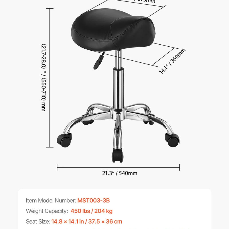 VEVOR ergonomiska seglu taburete ar riteņiem, regulējamu augstumu, biezu PU ādas sēdekli un 204 kg slodzi, salonam, spa, masāžai, tetovēšanai un klīnikai, melna