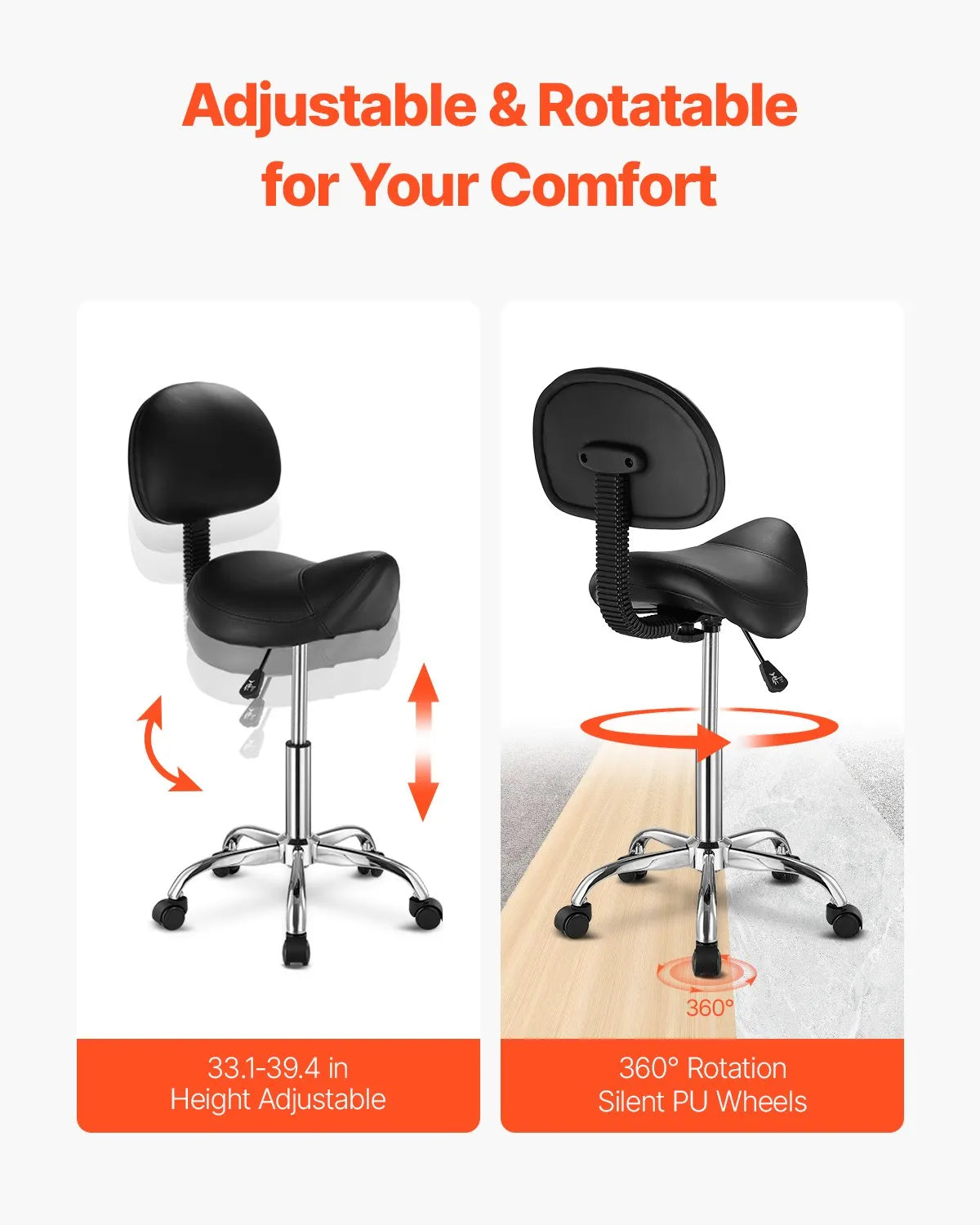 VEVOR Ergonomic Saddle Stool with Backrest and Wheels, Adjustable Height, PU Leather, 204 kg, Black