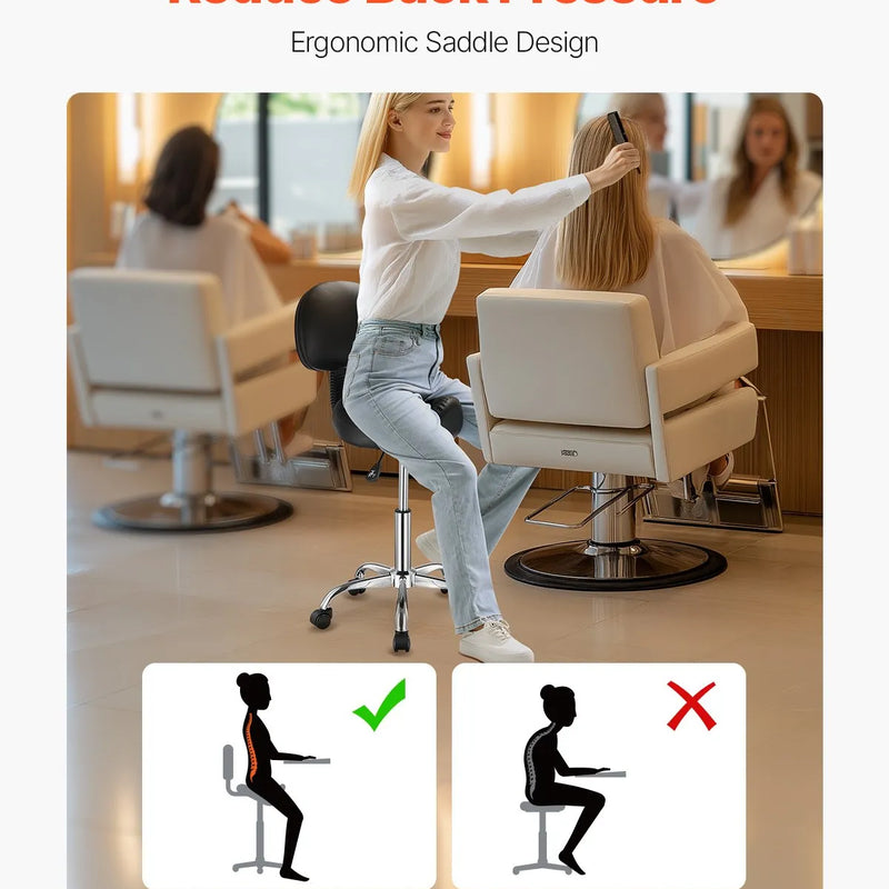 VEVOR ergonomiska grozāma seglu taburete ar atzveltni un riteņiem, regulējamu augstumu, biezu PU ādas sēdekli, 204 kg, melna