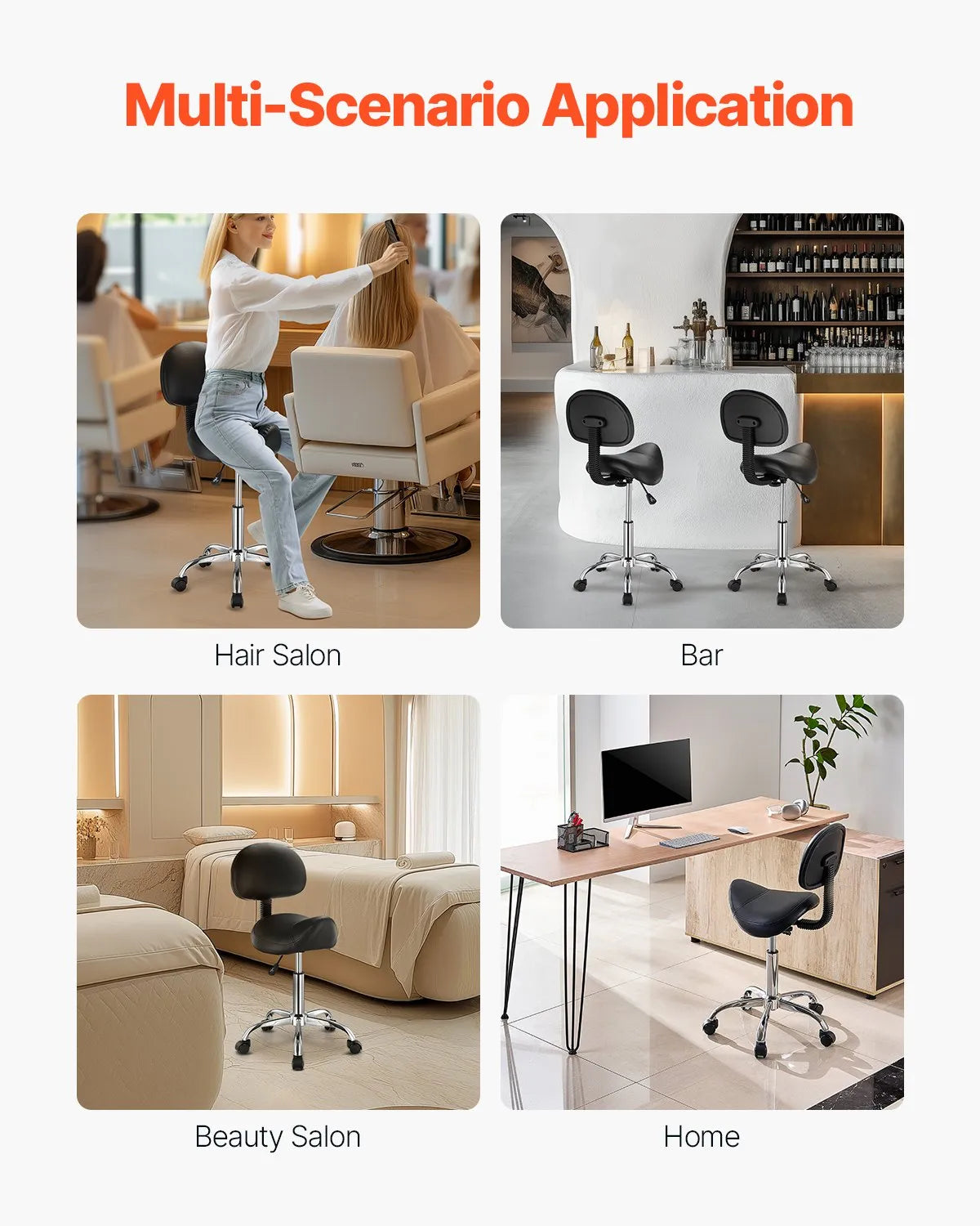 VEVOR Ergonomic Saddle Stool with Backrest and Wheels, Adjustable Height, PU Leather, 204 kg, Black