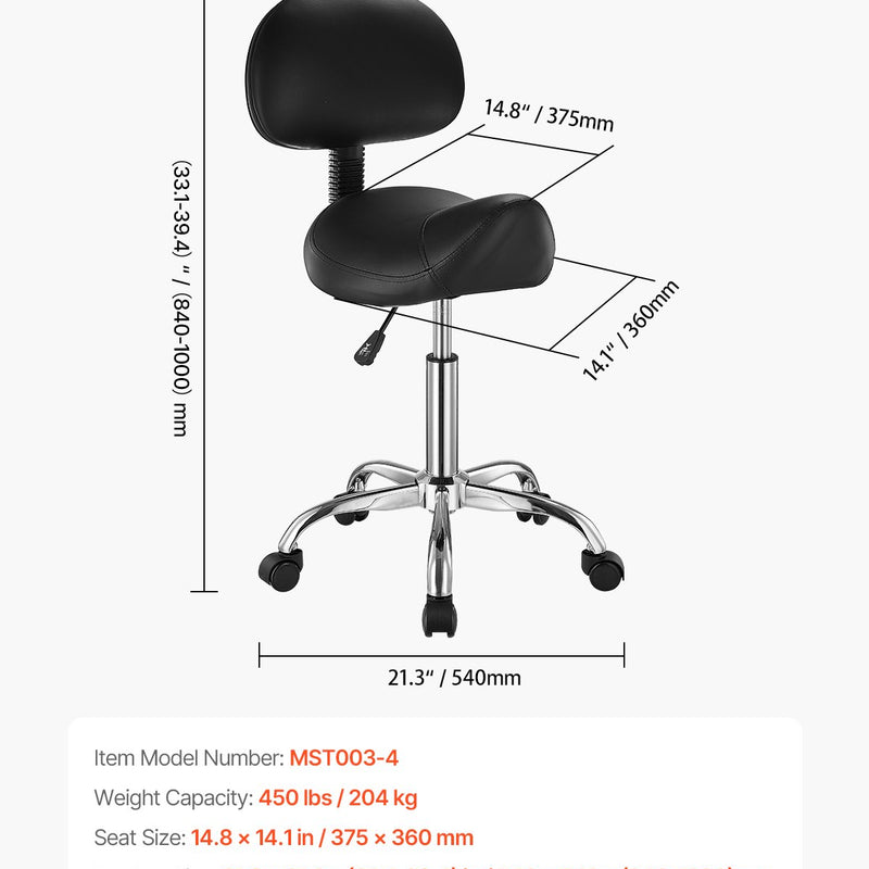 VEVOR ergonomiska grozāma seglu taburete ar atzveltni un riteņiem, regulējamu augstumu, biezu PU ādas sēdekli, 204 kg, melna