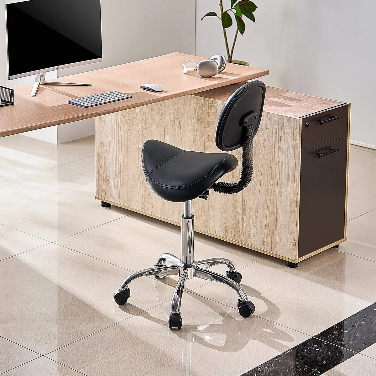 VEVOR Ergonomic Saddle Stool with Backrest and Wheels, Adjustable Height, PU Leather, 204 kg, Black