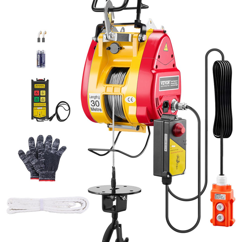 VEVOR 2 vienā elektriskā vinča ar trosi, celtspēja 500 kg, jauda 1800 W, pacelšanas augstums 30 m, ātrums 11 m/min, vadu un bezvadu pults, paredzēta celšanai un vilkšanai