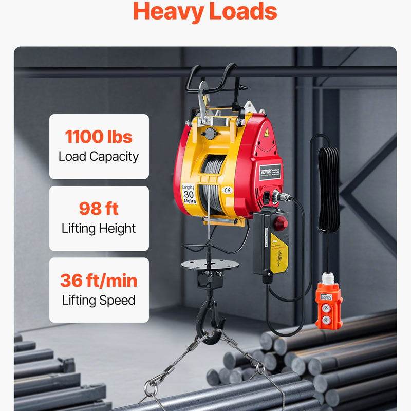 VEVOR 2 vienā elektriskā vinča ar trosi, celtspēja 500 kg, jauda 1800 W, pacelšanas augstums 30 m, ātrums 11 m/min, vadu un bezvadu pults, paredzēta celšanai un vilkšanai