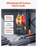 VEVOR 2 vienā elektriskā vinča ar trosi, celtspēja 500 kg, jauda 1800 W, pacelšanas augstums 30 m, ātrums 11 m/min, vadu un bezvadu pults, paredzēta celšanai un vilkšanai