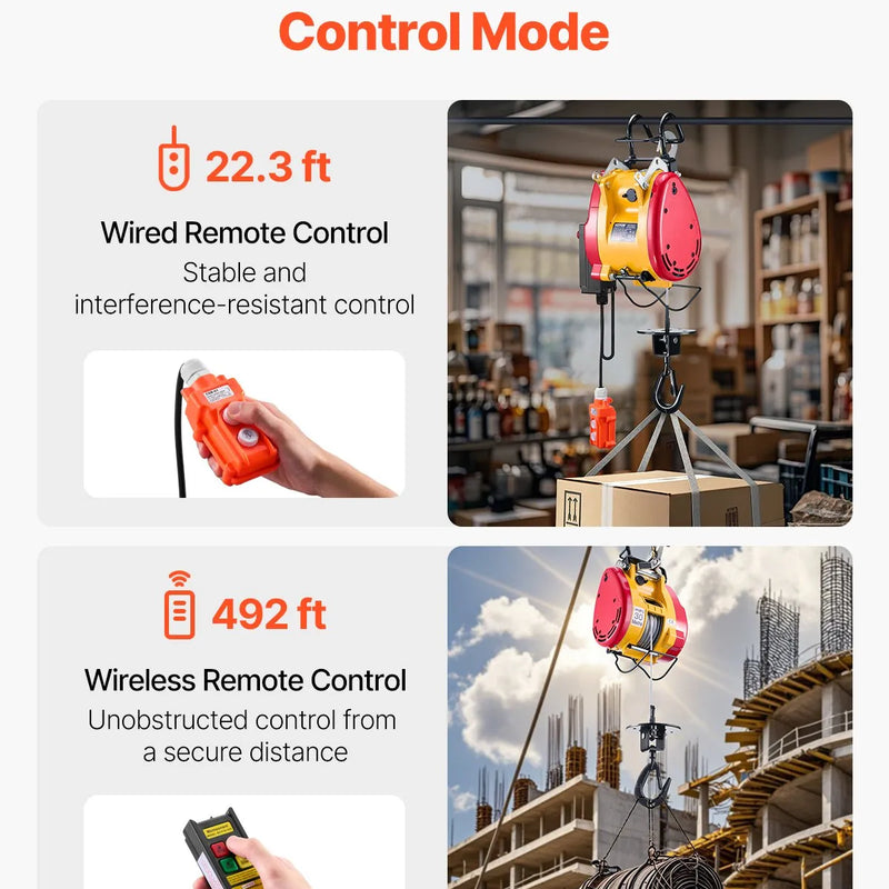 VEVOR 2 vienā elektriskā vinča ar trosi, celtspēja 500 kg, jauda 1800 W, pacelšanas augstums 30 m, ātrums 11 m/min, vadu un bezvadu pults, paredzēta celšanai un vilkšanai