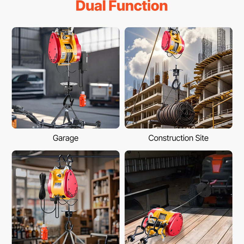 VEVOR 2 vienā elektriskā vinča ar trosi, celtspēja 500 kg, jauda 1800 W, pacelšanas augstums 30 m, ātrums 11 m/min, vadu un bezvadu pults, paredzēta celšanai un vilkšanai