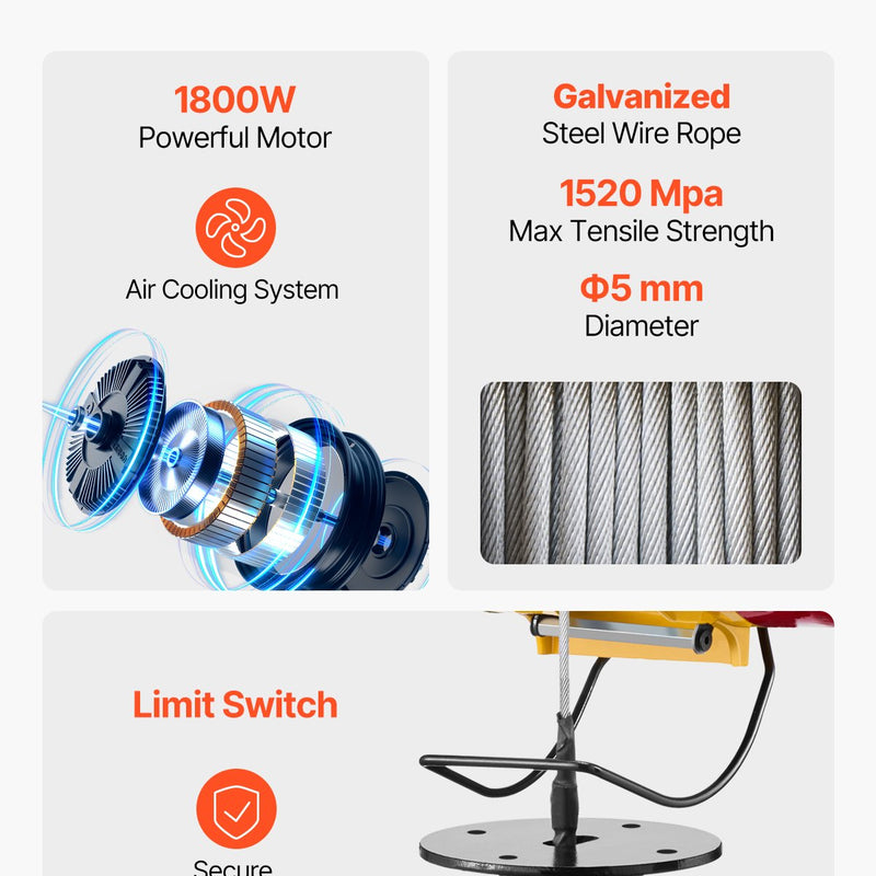 VEVOR 2 vienā elektriskā vinča ar trosi, celtspēja 500 kg, jauda 1800 W, pacelšanas augstums 30 m, ātrums 11 m/min, vadu un bezvadu pults, paredzēta celšanai un vilkšanai