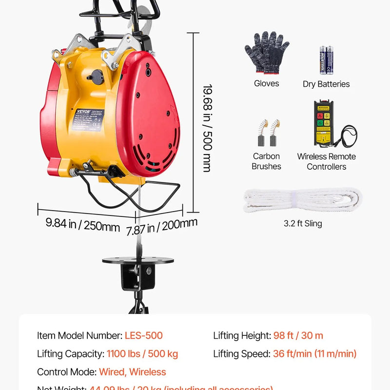 VEVOR 2 vienā elektriskā vinča ar trosi, celtspēja 500 kg, jauda 1800 W, pacelšanas augstums 30 m, ātrums 11 m/min, vadu un bezvadu pults, paredzēta celšanai un vilkšanai