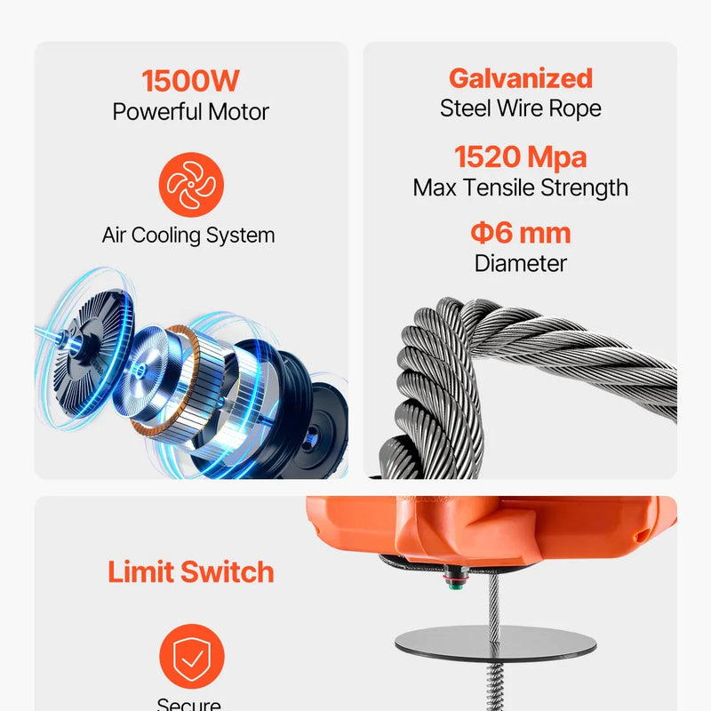 3 vienā elektriskā pacēlāja vinča 500 kg 1500 W 9 m ar vadu un bezvadu tālvadību
