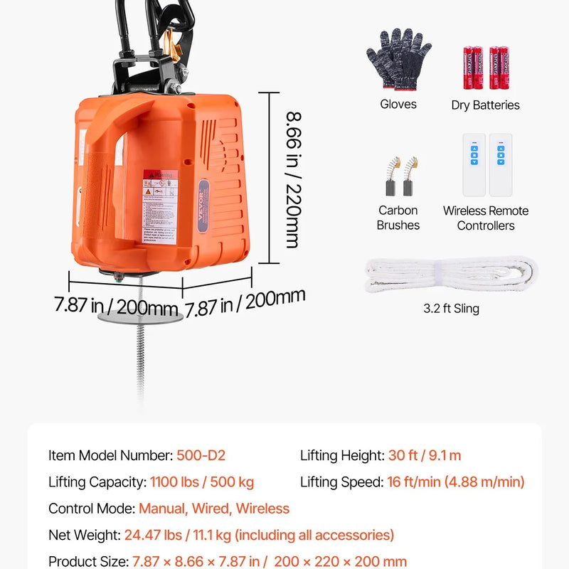 3 vienā elektriskā pacēlāja vinča 500 kg 1500 W 9 m ar vadu un bezvadu tālvadību