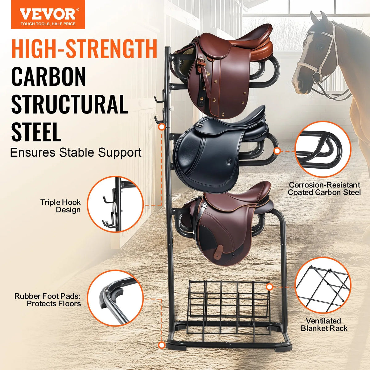 VEVOR Freestanding 3-Tier Saddle Rack with Rotating Sections, 76 × 76 × 174 cm