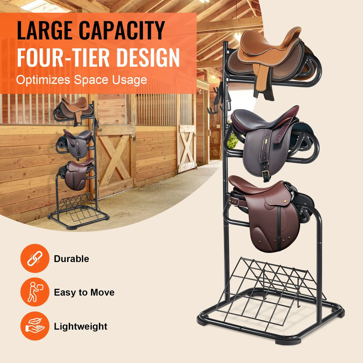 VEVOR Freestanding 3-Tier Saddle Rack with Rotating Sections, 76 × 76 × 174 cm