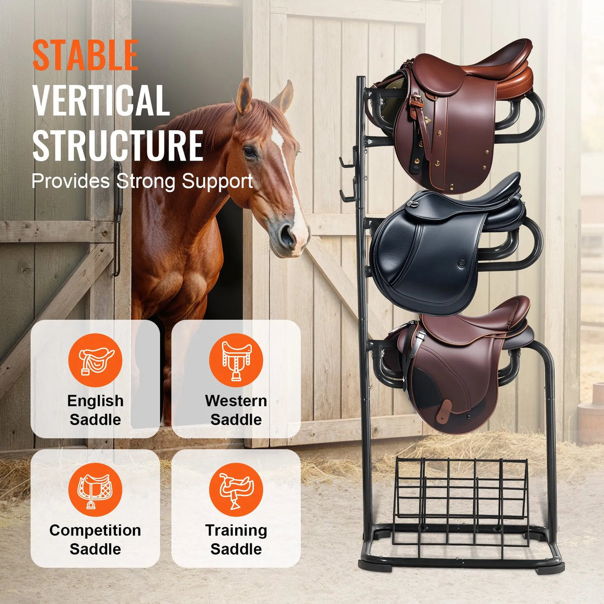 VEVOR Freestanding 3-Tier Saddle Rack with Rotating Sections, 76 × 76 × 174 cm