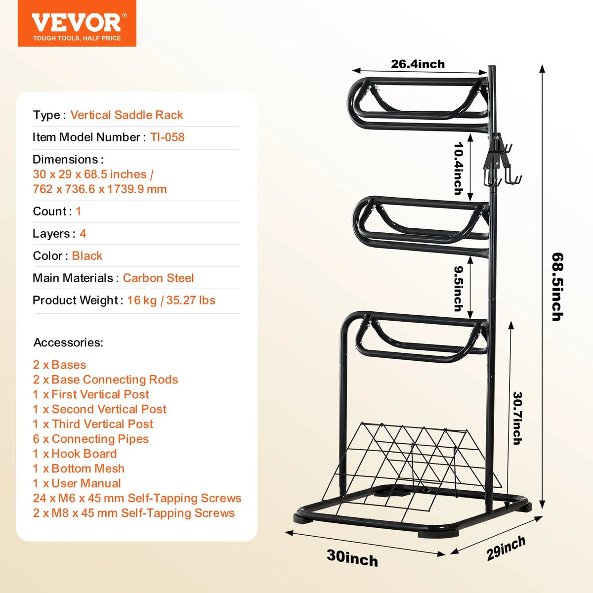 VEVOR Freestanding 3-Tier Saddle Rack with Rotating Sections, 76 × 76 × 174 cm