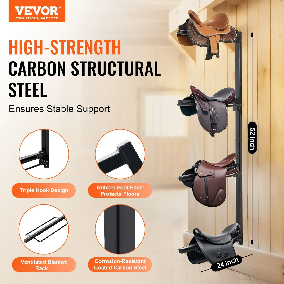VEVOR Wall Saddle Rack for 4 Saddles with Saddle Holder, 61 × 18 × 132 cm