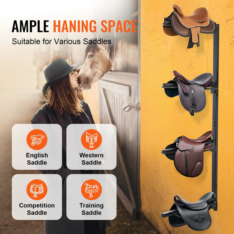 VEVOR sienas seglu statīvs 61 × 18 × 132 cm, četrpakāpju izturīgs seglu turētājs angļu un rietumu tipa segliem ar segu turētāju, stallīša un ekipējuma telpas organizācijai