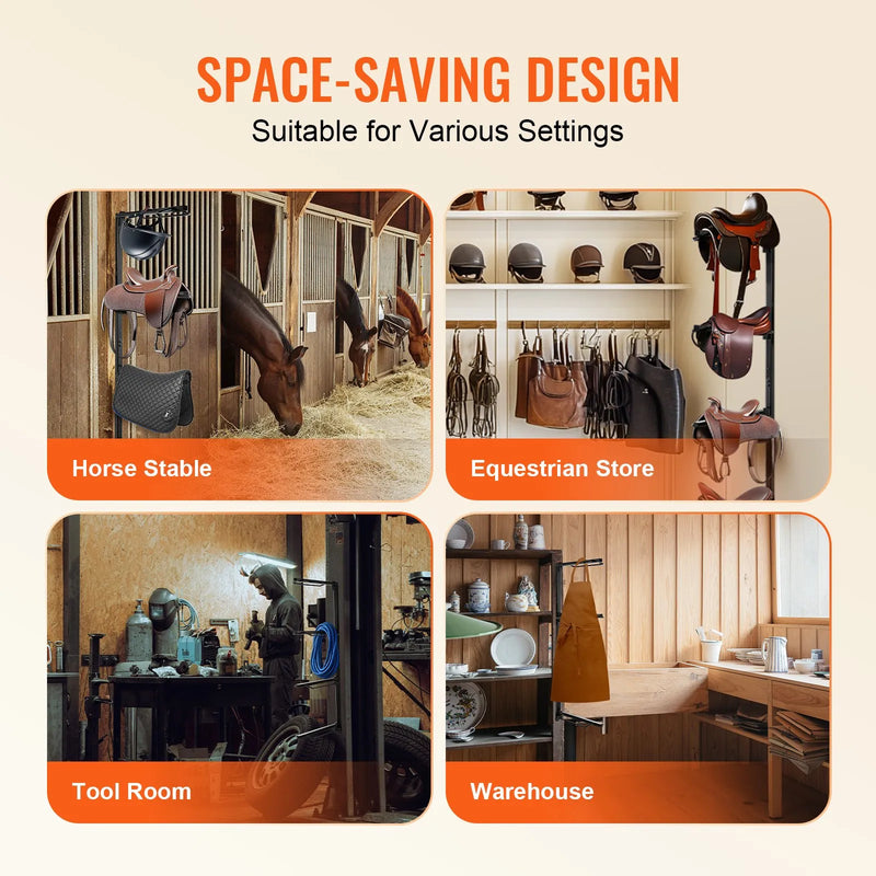 VEVOR sienas seglu statīvs 61 × 18 × 132 cm, četrpakāpju izturīgs seglu turētājs angļu un rietumu tipa segliem ar segu turētāju, stallīša un ekipējuma telpas organizācijai