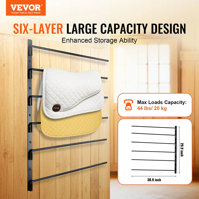 VEVOR sienas seglu statīvs 78 × 76 × 14 cm, izvirzāms 6 līmeņu seglu turētājs, vietu taupošs seglu, segu un jāšanas piederumu glabāšanas statīvs ekipējuma telpai vai treilerim