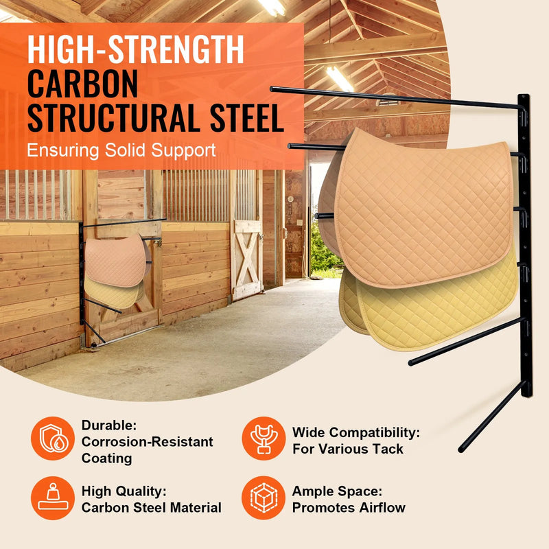 VEVOR sienas seglu statīvs 78 × 76 × 14 cm, izvirzāms 6 līmeņu seglu turētājs, vietu taupošs seglu, segu un jāšanas piederumu glabāšanas statīvs ekipējuma telpai vai treilerim