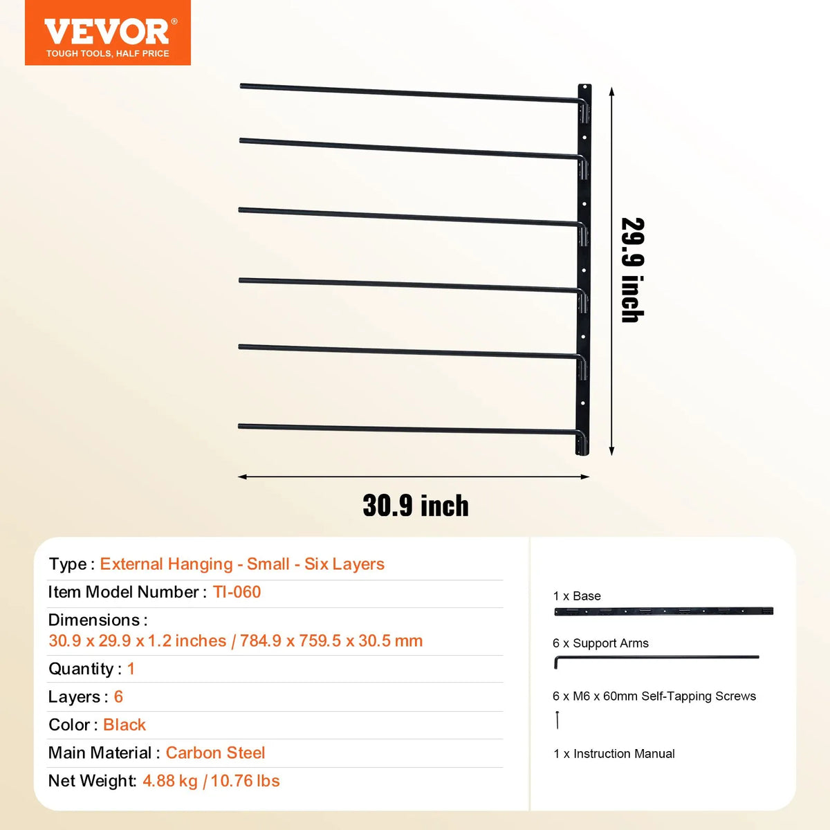 VEVOR Wall-Mounted Tool Rack with 6 Sliding Holders, 78 × 76 × 14 cm