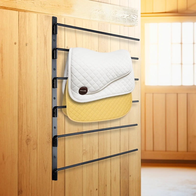 VEVOR sienas seglu statīvs 78 × 76 × 14 cm, izvirzāms 6 līmeņu seglu turētājs, vietu taupošs seglu, segu un jāšanas piederumu glabāšanas statīvs ekipējuma telpai vai treilerim