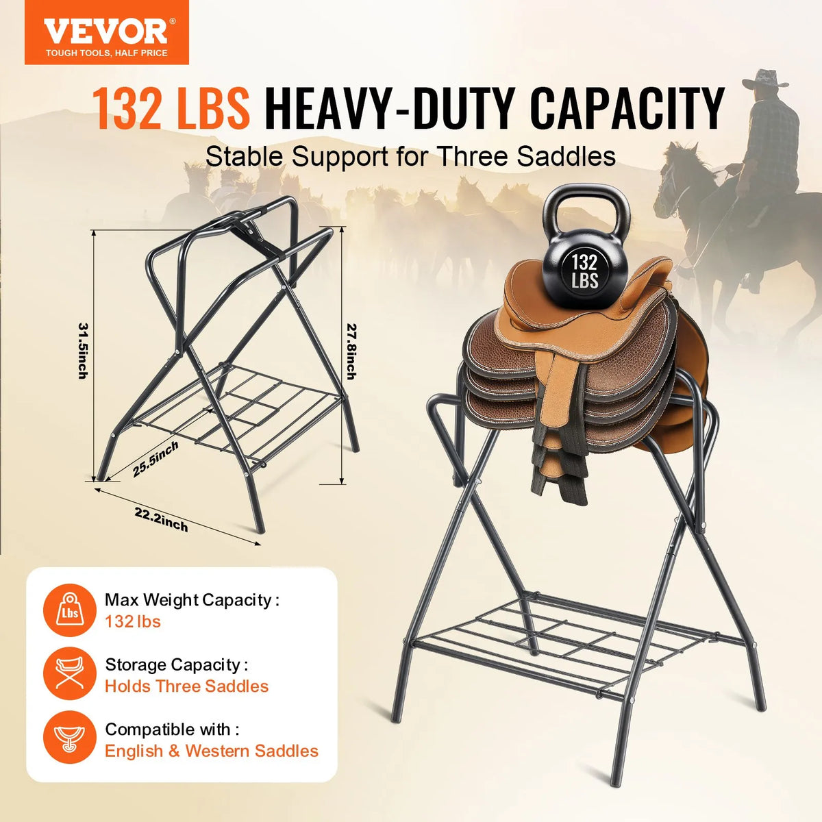 VEVOR Foldable Freestanding Saddle Rack, Steel, 71 × 48 × 95 cm, Black