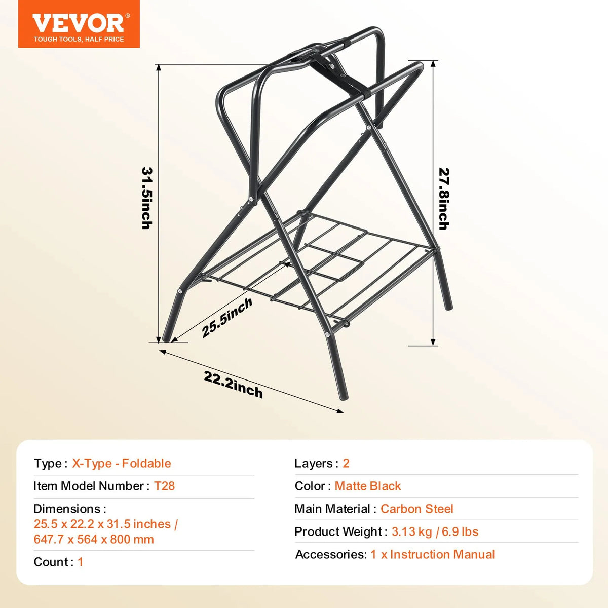 VEVOR Foldable Freestanding Saddle Rack, Steel, 71 × 48 × 95 cm, Black