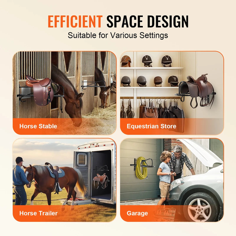 VEVOR sienas seglu statīvs 69 × 41 × 32 cm, 8 gab. komplekts ar paliktņa turētāju, pārnēsājams seglu turētājs angļu un rietumu tipa segliem, jāšanas ekipējuma glabāšanai stallī, dārzā vai jāšanas inventāra telpā, melns