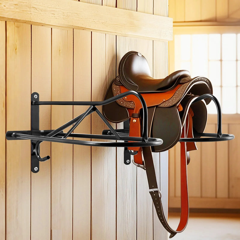 VEVOR sienas seglu statīvs 69 × 41 × 32 cm, 8 gab. komplekts ar paliktņa turētāju, pārnēsājams seglu turētājs angļu un rietumu tipa segliem, jāšanas ekipējuma glabāšanai stallī, dārzā vai jāšanas inventāra telpā, melns