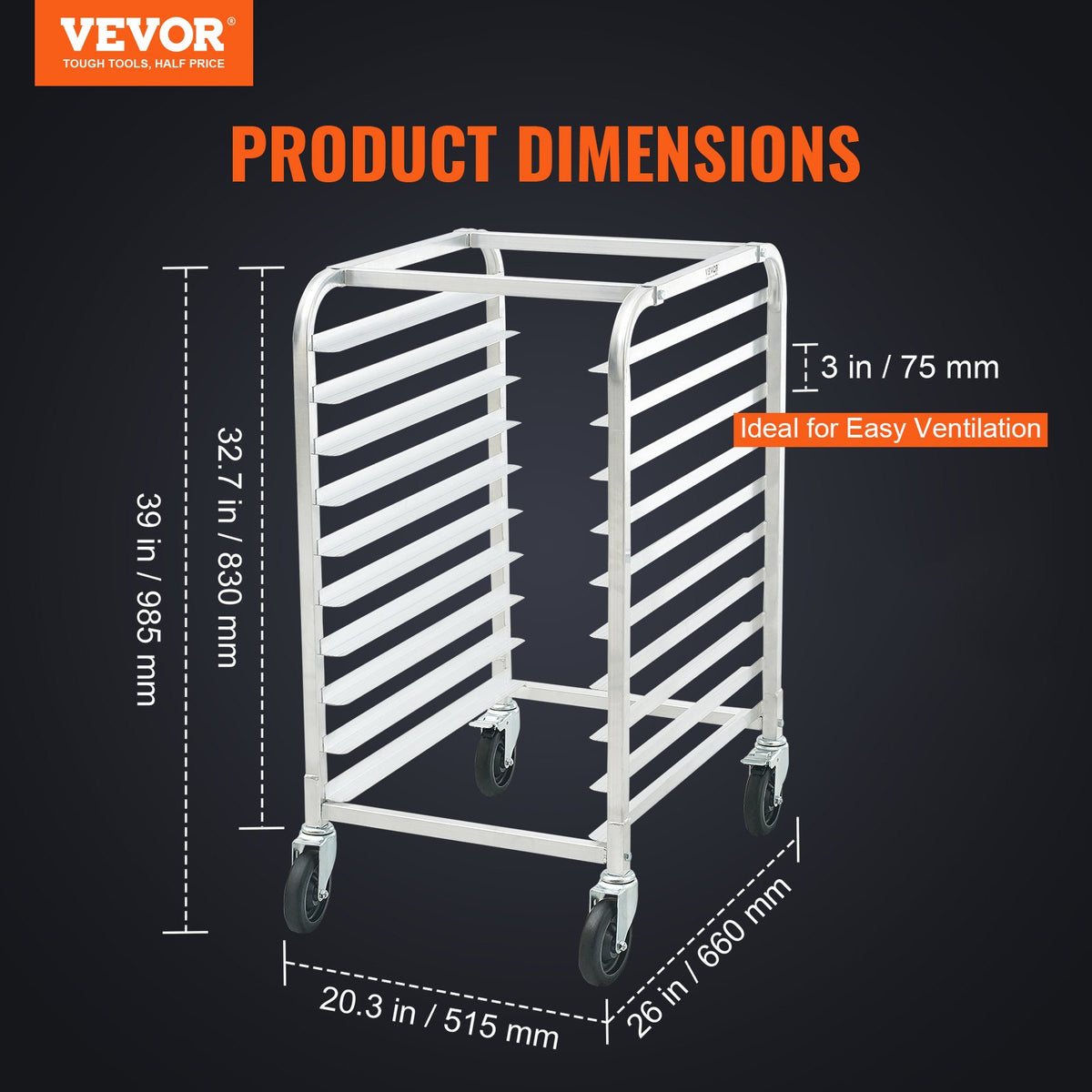 VEVOR Bakery Rack Trolley, 10 Tiers, Aluminium Frame with Locking Wheels, Fits Full and Half-Size Sheet Pans, Quick Access Shelving for Kitchen or Bakery, 660 × 515 × 990 mm