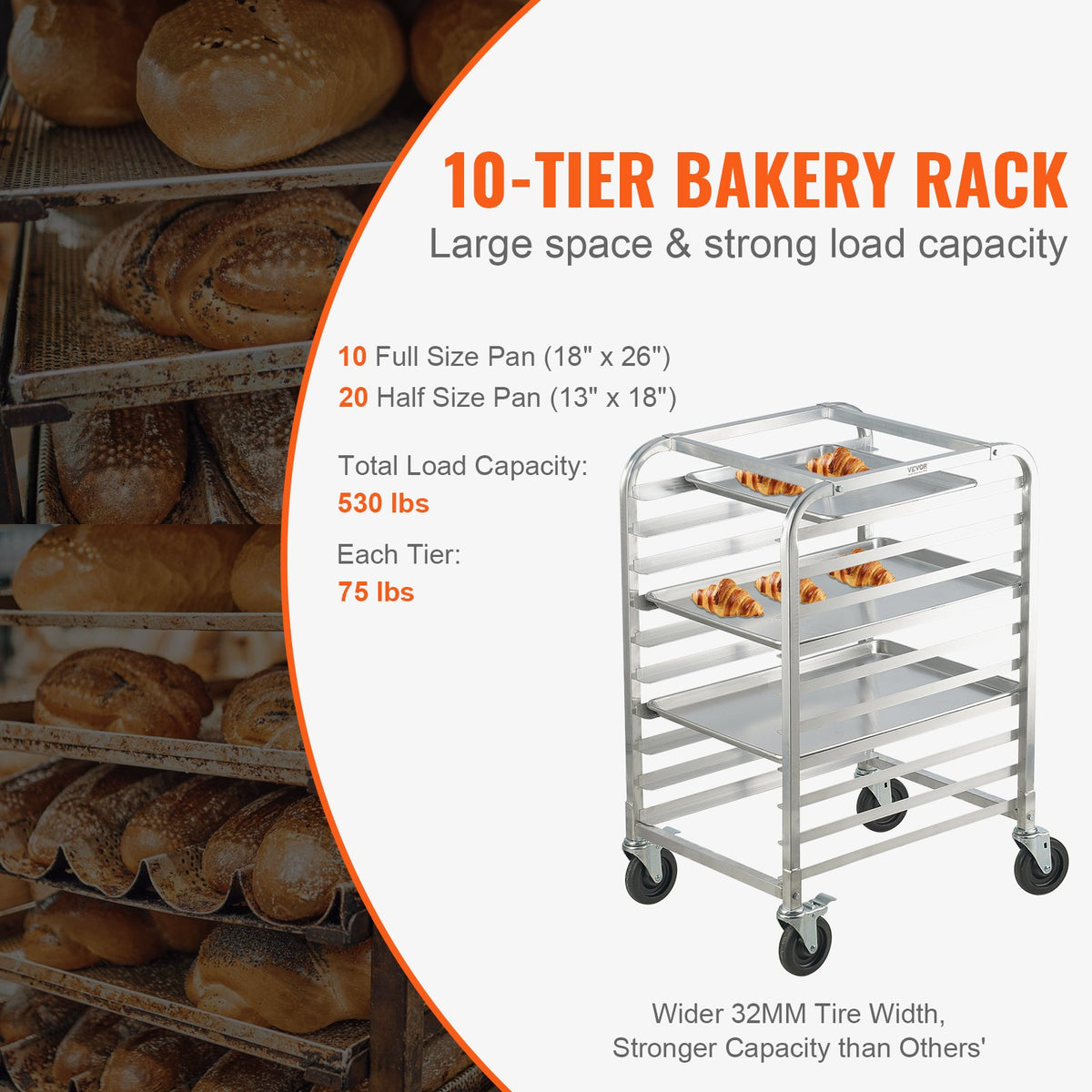 VEVOR Bakery Rack Trolley, 10 Tiers, Aluminium Frame with Locking Wheels, Fits Full and Half-Size Sheet Pans, Quick Access Shelving for Kitchen or Bakery, 660 × 515 × 990 mm