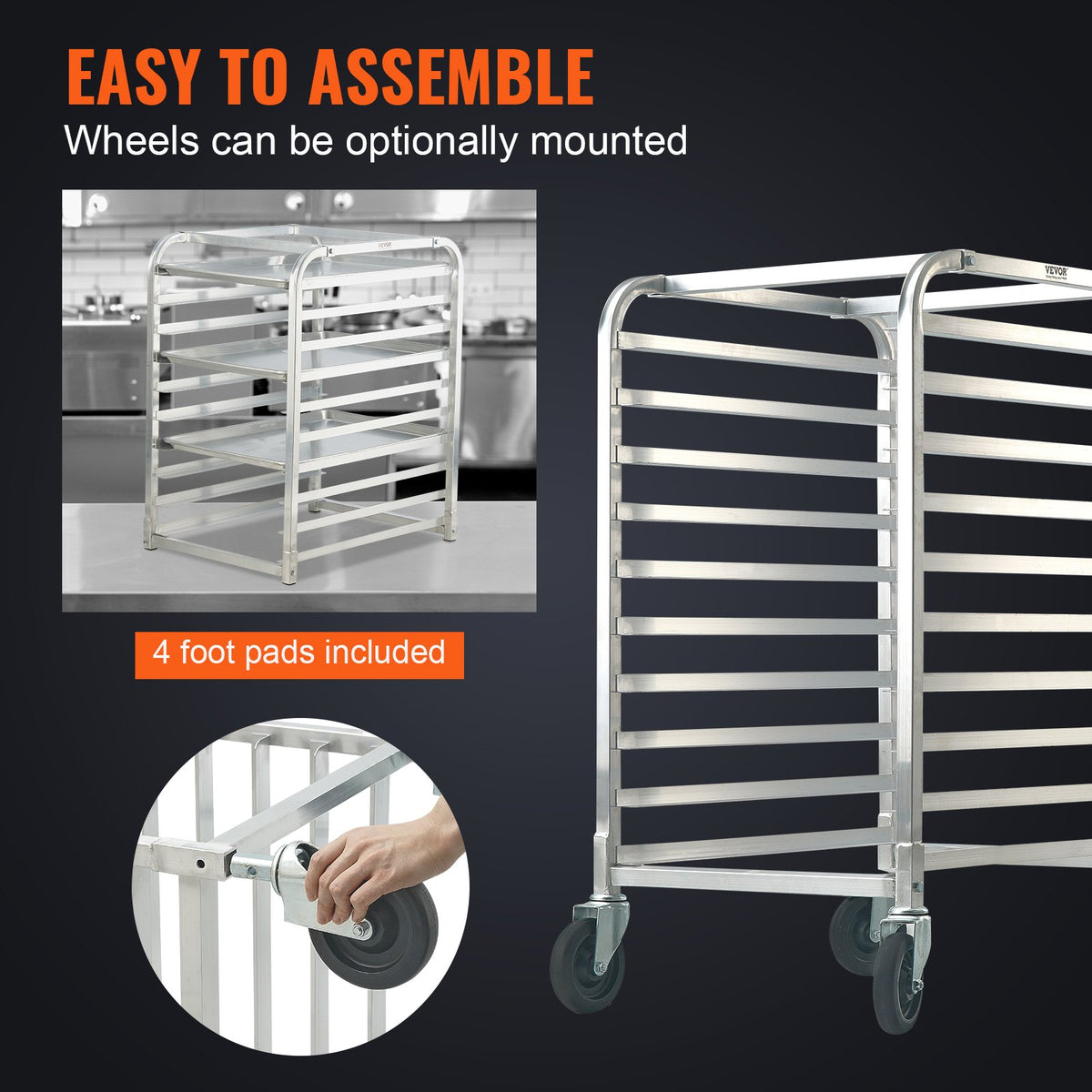 VEVOR Bakery Rack Trolley, 10 Tiers, Aluminium Frame with Locking Wheels, Fits Full and Half-Size Sheet Pans, Quick Access Shelving for Kitchen or Bakery, 660 × 515 × 990 mm
