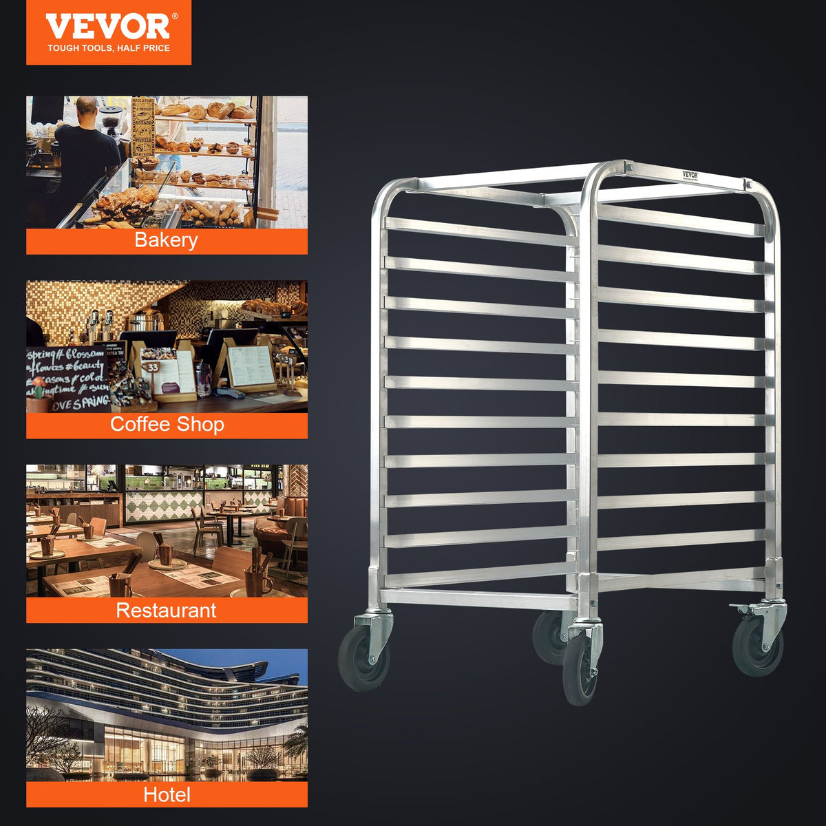 VEVOR Bakery Rack Trolley, 10 Tiers, Aluminium Frame with Locking Wheels, Fits Full and Half-Size Sheet Pans, Quick Access Shelving for Kitchen or Bakery, 660 × 515 × 990 mm