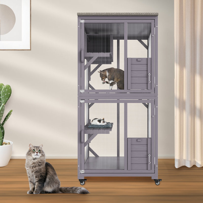 VEVOR āra kaķu māja – 3 līmeņu liels voljērs ar ritentiņiem, platformām, guļvietu un lielām durvīm – 76 x 86 x 163 cm
