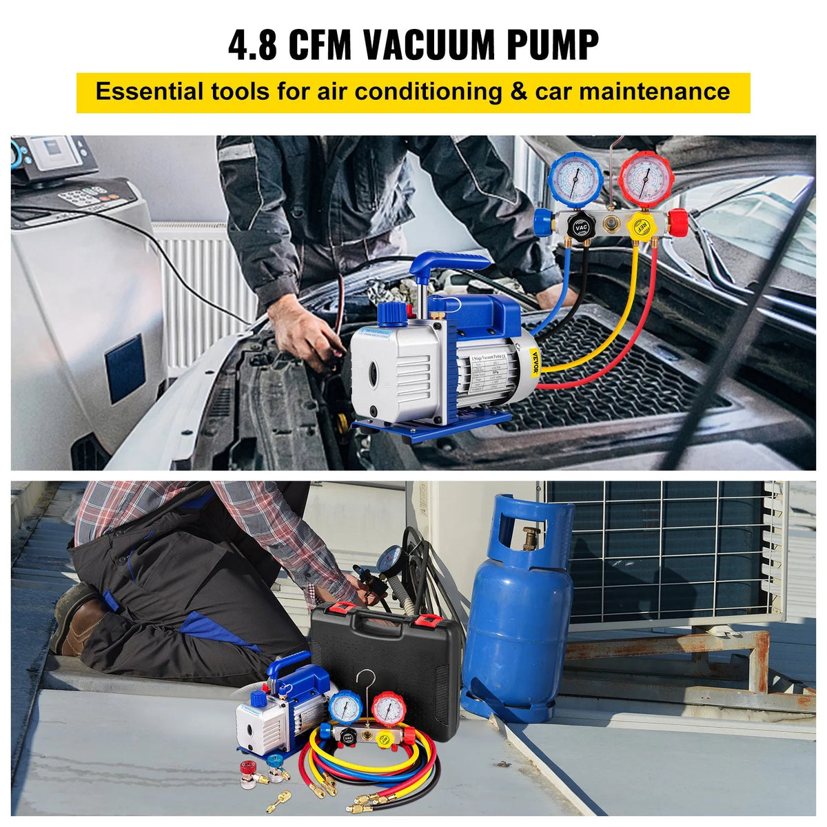VEVOR AC Vacuum Pump and Manifold Gauge Set, 4.8 CFM (136 l/min) HVAC Vacuum Pump with Ultimate Vacuum 5 Pa, with Storage Case