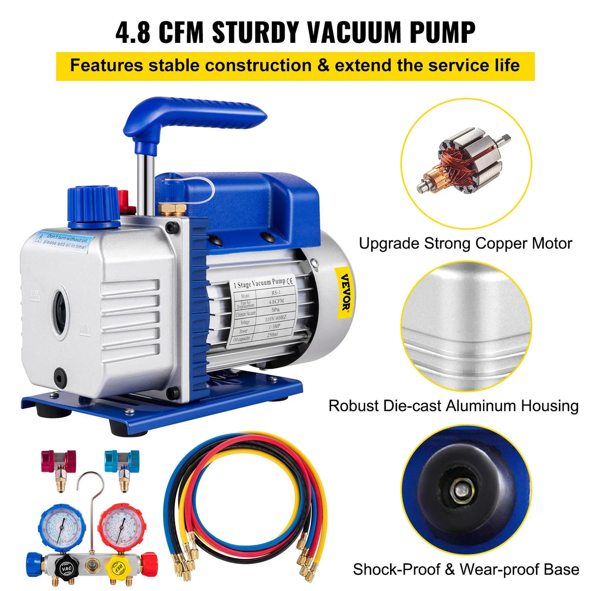 VEVOR AC Vacuum Pump and Manifold Gauge Set, 4.8 CFM (136 l/min) HVAC Vacuum Pump with Ultimate Vacuum 5 Pa, with Storage Case
