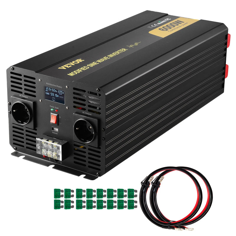 VEVOR 6000 W modificētas sinusoidālās strāvas invertors 12 V DC–230 V AC ar LCD displeju un tālvadības pulti, LED indikatoriem un ES kontaktligzdām, piemērots automašīnām, kemperiem, kravas auto, laivām, ceļošanai un kempingam