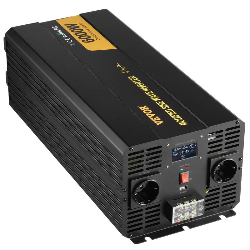 VEVOR 6000 W modificētas sinusoidālās strāvas invertors 12 V DC–230 V AC ar LCD displeju un tālvadības pulti, LED indikatoriem un ES kontaktligzdām, piemērots automašīnām, kemperiem, kravas auto, laivām, ceļošanai un kempingam