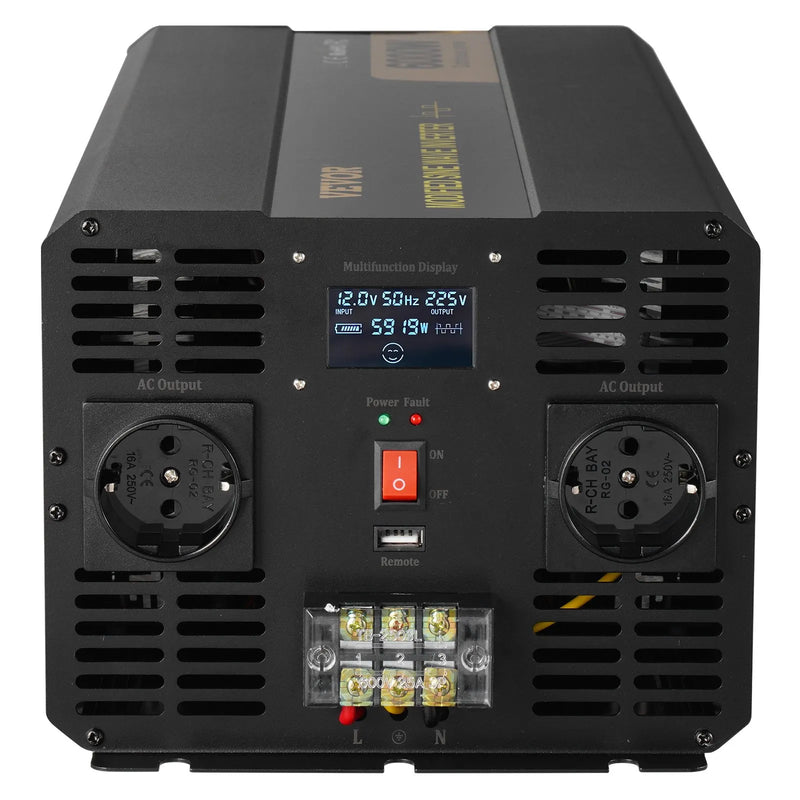 VEVOR 6000 W modificētas sinusoidālās strāvas invertors 12 V DC–230 V AC ar LCD displeju un tālvadības pulti, LED indikatoriem un ES kontaktligzdām, piemērots automašīnām, kemperiem, kravas auto, laivām, ceļošanai un kempingam