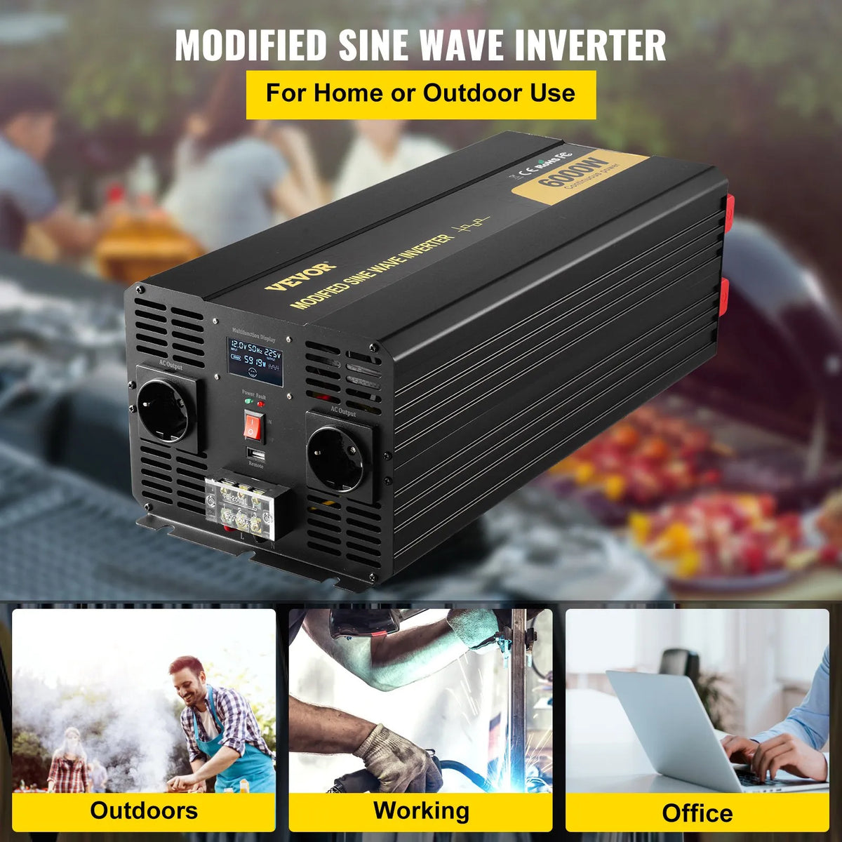 VEVOR 6000 W modifitseeritud sinusoidvoolu inverter 12 V DC–230 V AC, LCD-ekraani, kaugjuhtimispuldiga, LED-indikaatorite ja ES-pistikupesadega, sobib autode, matkaautodele, veokitele, paatidele, reisimiseks ja telkimiseks