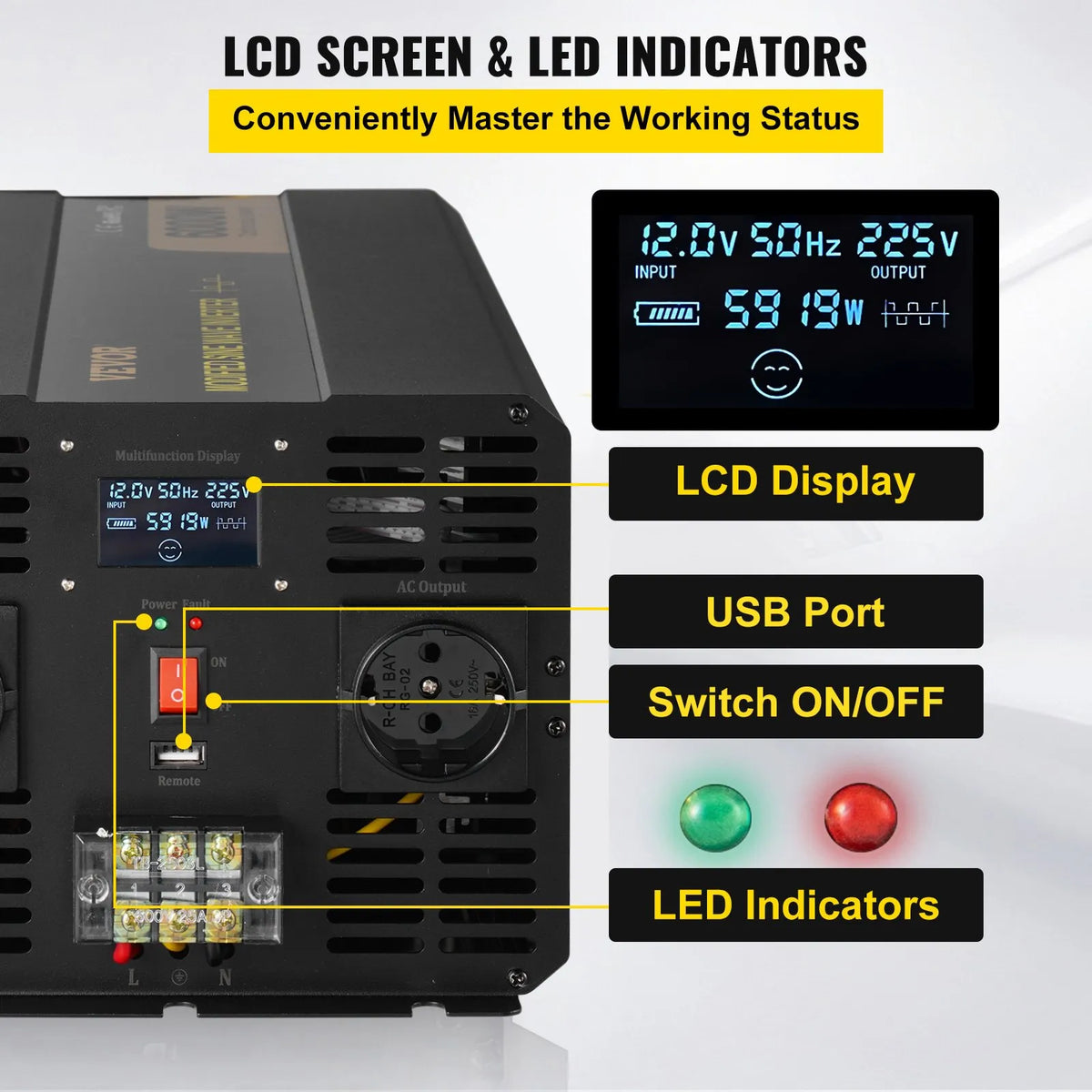 VEVOR 6000 W modifitseeritud sinusoidvoolu inverter 12 V DC–230 V AC, LCD-ekraani, kaugjuhtimispuldiga, LED-indikaatorite ja ES-pistikupesadega, sobib autode, matkaautodele, veokitele, paatidele, reisimiseks ja telkimiseks