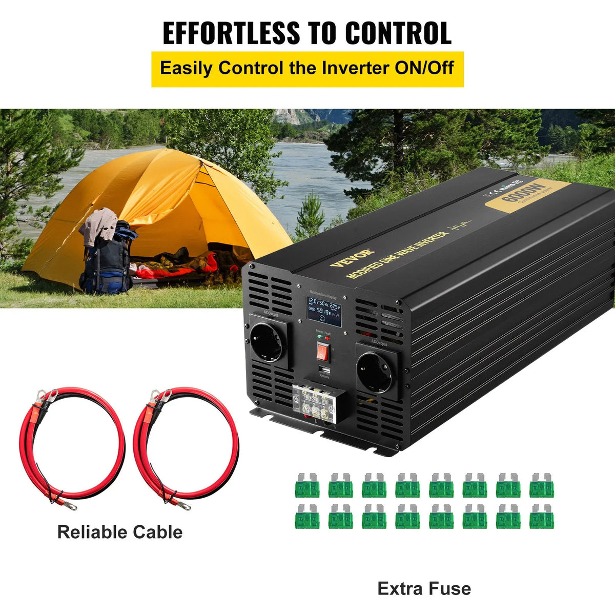 VEVOR 6000 W modifitseeritud sinusoidvoolu inverter 12 V DC–230 V AC, LCD-ekraani, kaugjuhtimispuldiga, LED-indikaatorite ja ES-pistikupesadega, sobib autode, matkaautodele, veokitele, paatidele, reisimiseks ja telkimiseks