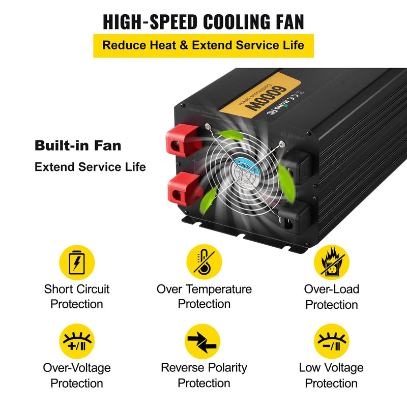 VEVOR 6000 W modificētas sinusoidālās strāvas invertors 12 V DC–230 V AC ar LCD displeju un tālvadības pulti, LED indikatoriem un ES kontaktligzdām, piemērots automašīnām, kemperiem, kravas auto, laivām, ceļošanai un kempingam