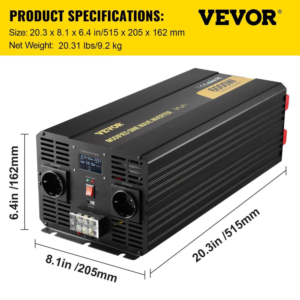VEVOR 6000 W modifitseeritud sinusoidvoolu inverter 12 V DC–230 V AC, LCD-ekraani, kaugjuhtimispuldiga, LED-indikaatorite ja ES-pistikupesadega, sobib autode, matkaautodele, veokitele, paatidele, reisimiseks ja telkimiseks