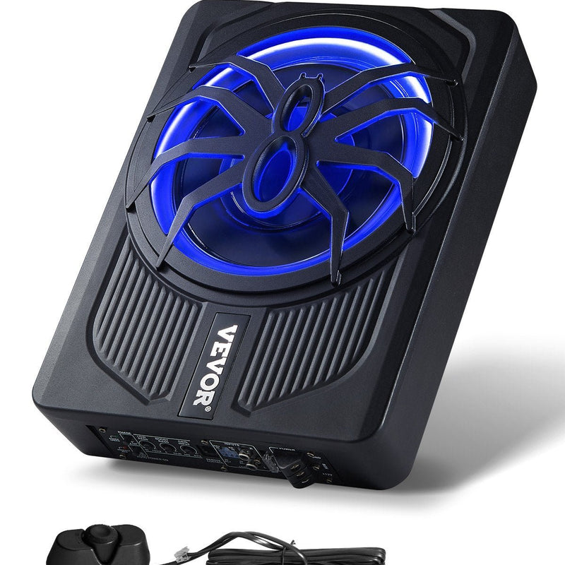 VEVOR 25 cm 440 W zem sēdekļa automašīnas subwooferis ar iebūvētu pastiprinātāju un zilu ambient apgaismojumu, zema profila aktīvais auto subwooferis ar tālvadības pulti, piemērots SUV, automašīnām, kravas auto un RV - ZEMLETES.LV