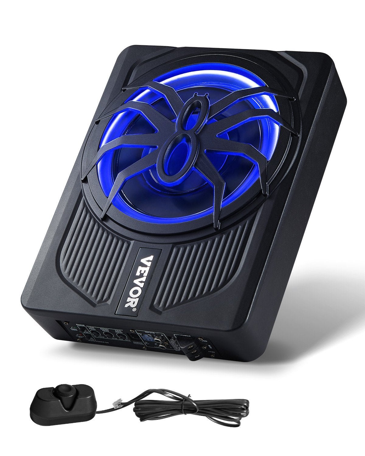 VEVOR 25 cm 440 W zem sēdekļa automašīnas subwooferis ar iebūvētu pastiprinātāju un zilu ambient apgaismojumu, zema profila aktīvais auto subwooferis ar tālvadības pulti, piemērots SUV, automašīnām, kravas auto un RV - ZEMLETES.LV